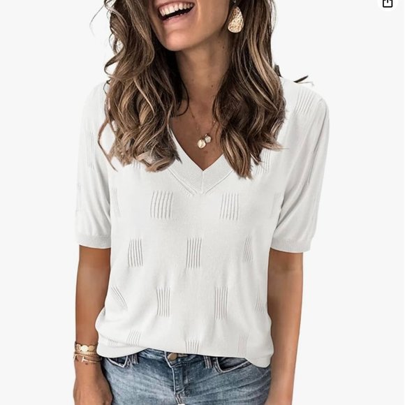 Off-White V-Neck Short Sleeve Knitted Sweater by Arach & Cloz - Picture 1 of 7